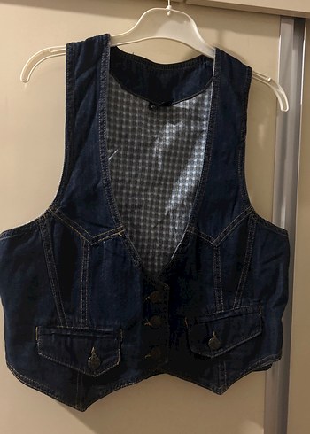 Düğmeli Lacivert Denim Kadın Yelek - Görsel 4