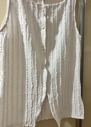 Kadın Beyaz Keten Pilili Kolsuz Yelek - Görsel 5