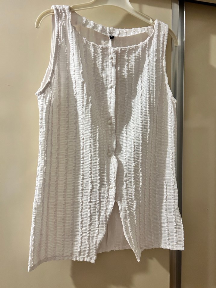 Kadın Beyaz Keten Pilili Kolsuz Yelek - Görsel 2