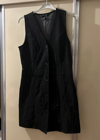 Düğmeli Çizgili Siyah Midi Kadın elbise - Görsel 2