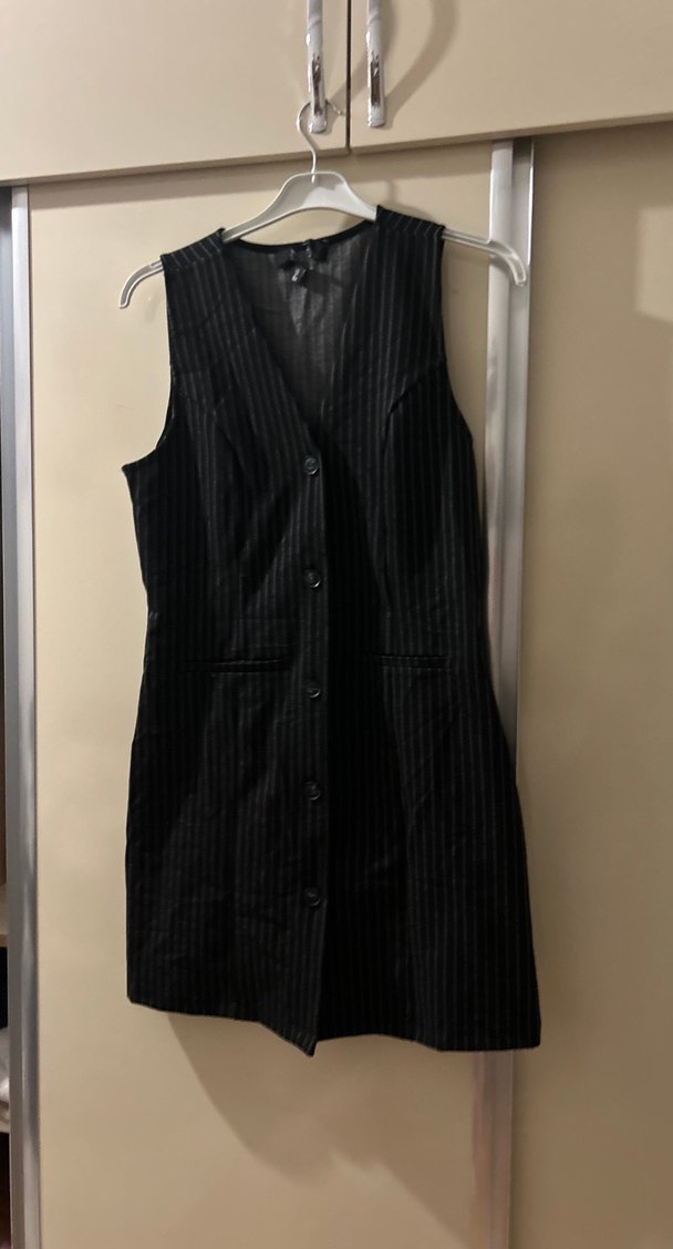 Düğmeli Çizgili Siyah Midi Kadın elbise - Görsel 2