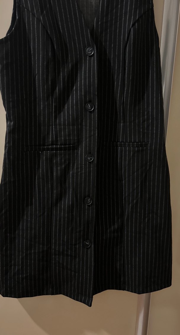 Düğmeli Çizgili Siyah Midi Kadın elbise - Görsel 4
