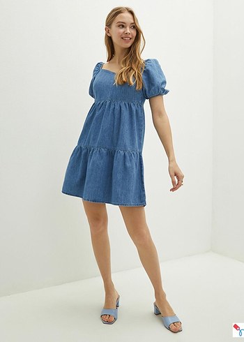 V Yaka Denim Midi Elbise - Görsel 3