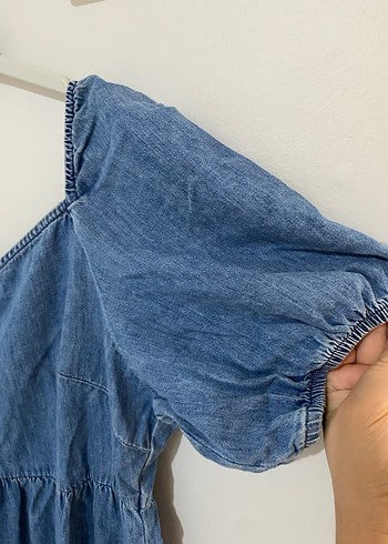 V Yaka Denim Midi Elbise - Görsel 7