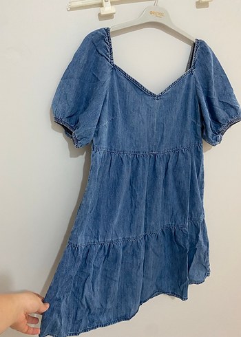 V Yaka Denim Midi Elbise - Görsel 9