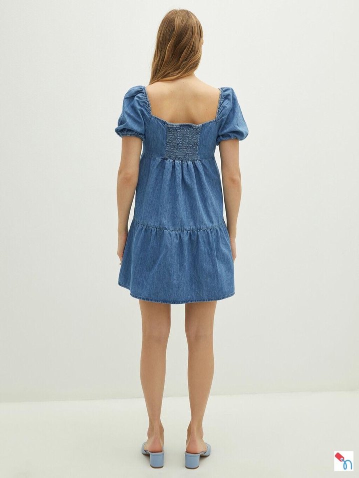 V Yaka Denim Midi Elbise - Görsel 2