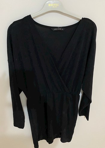 Siyah V Yaka Simli Mini Elbise - Görsel 4