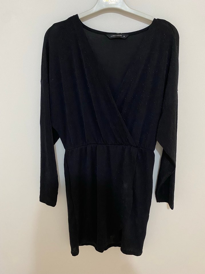 Siyah V Yaka Simli Mini Elbise - Görsel 2