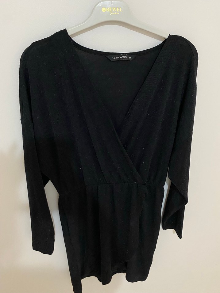 Siyah V Yaka Simli Mini Elbise - Görsel 4