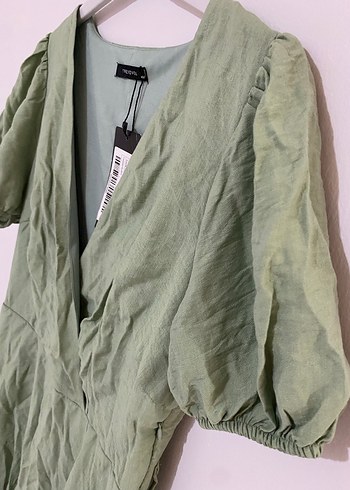 Yeşil Keten Mini Elbise V Yakalı - Görsel 8