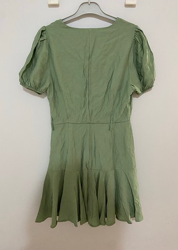 Yeşil Keten Mini Elbise V Yakalı - Görsel 11