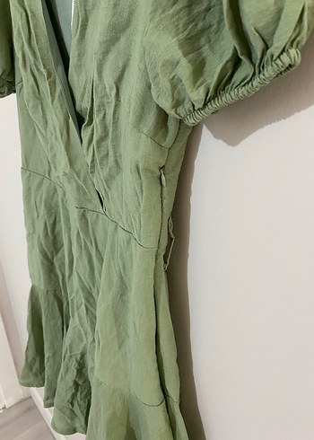 Yeşil Keten Mini Elbise V Yakalı - Görsel 7