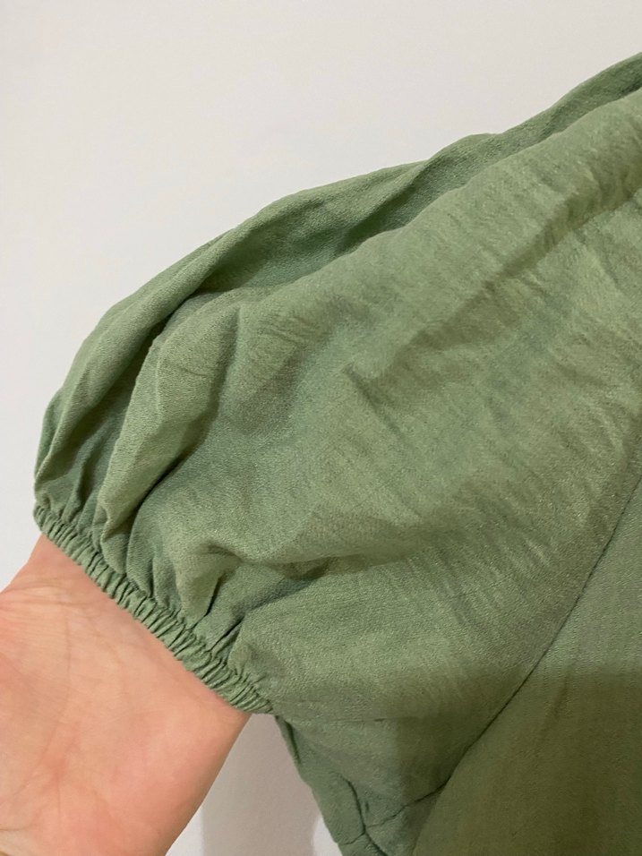 Yeşil Keten Mini Elbise V Yakalı - Görsel 5