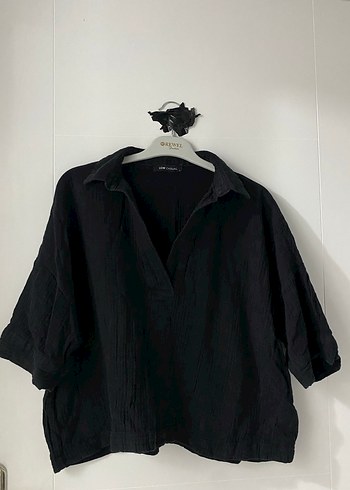 Siyah V Yakalı Müslin Gömlek - Görsel 3