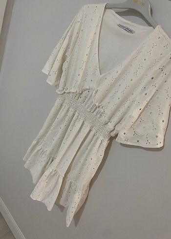 Beyaz Nakışlı Bohem Mini Elbise - Görsel 8