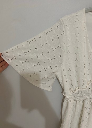 Beyaz Nakışlı Bohem Mini Elbise - Görsel 3