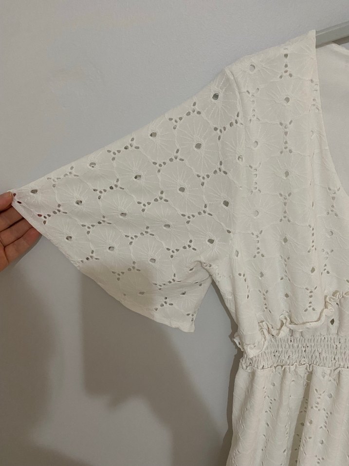 Beyaz Nakışlı Bohem Mini Elbise - Görsel 3