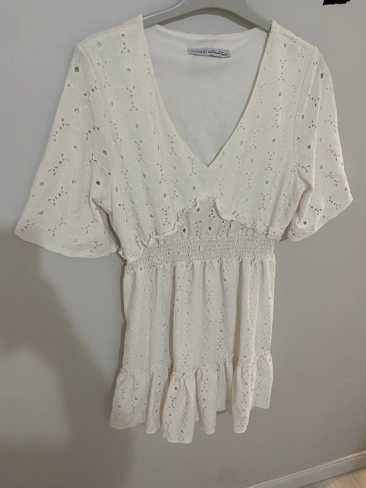 Beyaz Nakışlı Bohem Mini Elbise - Görsel 2