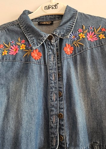 Nakışlı Uzun Kollu Kot Elbise - Görsel 4