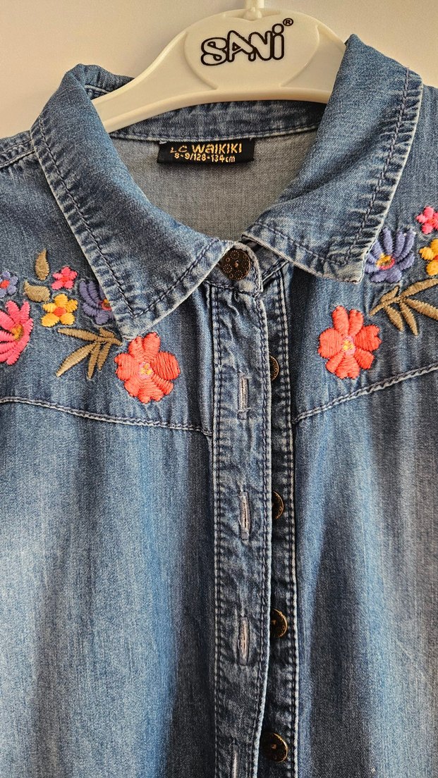 Nakışlı Uzun Kollu Kot Elbise - Görsel 2