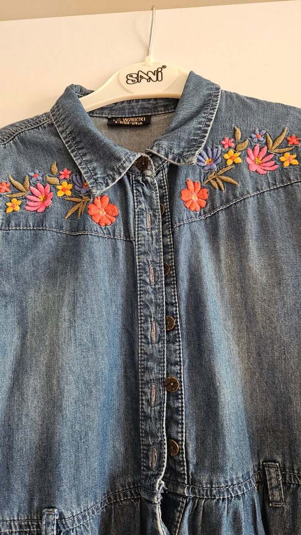 Nakışlı Uzun Kollu Kot Elbise - Görsel 4