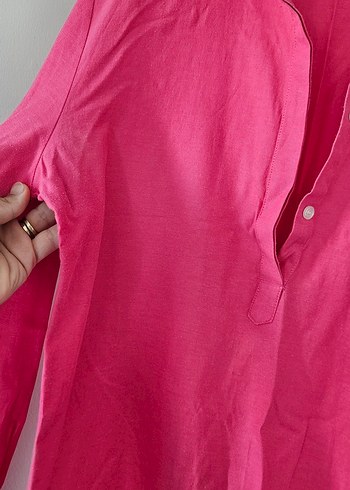 Düğmeli Uzun Kollu Pembe Keten karışımlı Tunik - Görsel 4