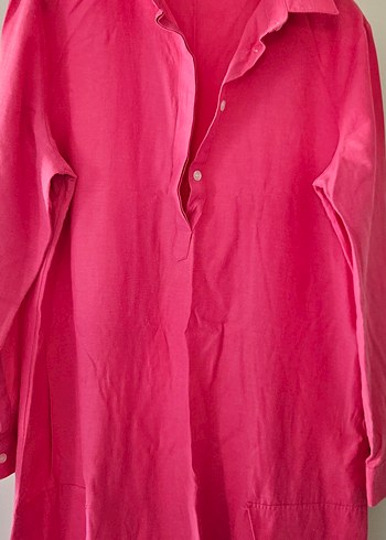 Düğmeli Uzun Kollu Pembe Keten karışımlı Tunik - Görsel 6