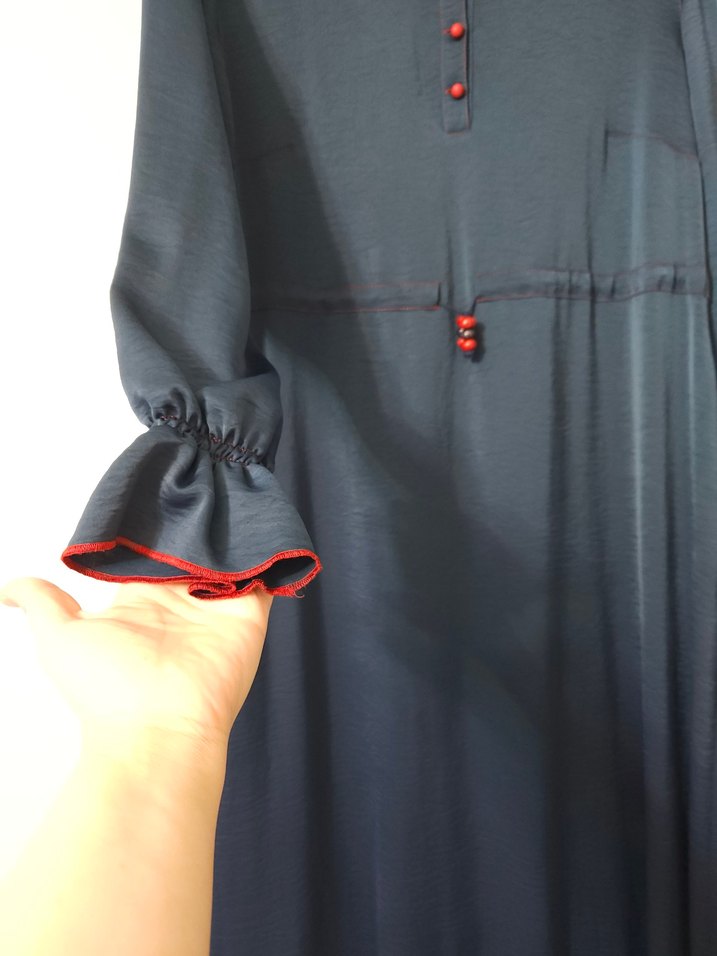 Düğmeli Lacivert Uzun Bohem Elbise - Görsel 3