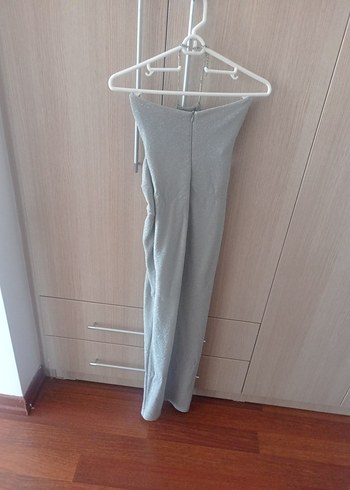 Gri Drapeli Uzun Halter Yaka Abiye Elbise - Görsel 5