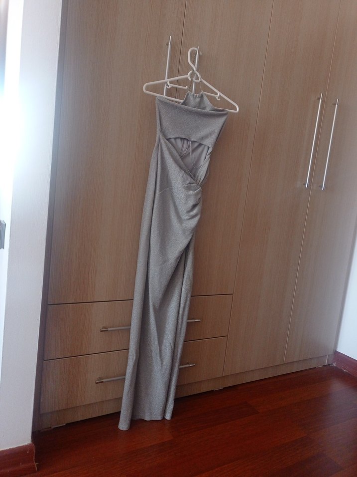 Gri Drapeli Uzun Halter Yaka Abiye Elbise - Görsel 4