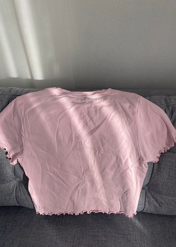 Pembe Kısa Kollu Fırfırlı Kadın Tişört - Görsel 2