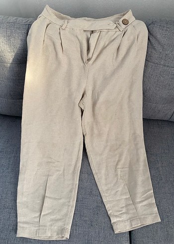 Düğmeli Bej Keten Kadın Pantolon - Görsel 2