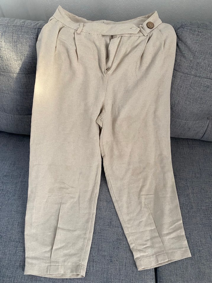 Düğmeli Bej Keten Kadın Pantolon - Görsel 2