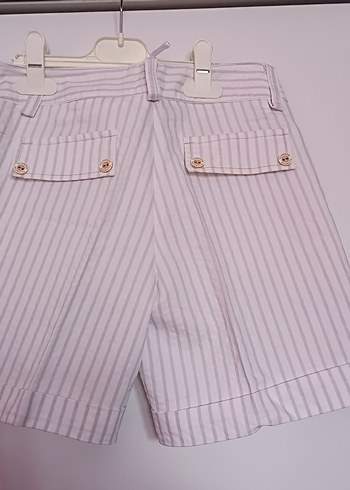 Bej Çizgili Keten Mini Bermuda Şort - Görsel 2