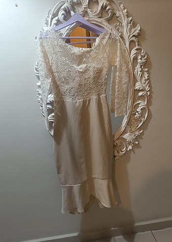 Dantel Detaylı Uzun Kollu Beyaz Abiye Elbise - Görsel 2