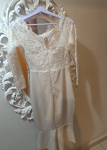 Dantel Detaylı Uzun Kollu Beyaz Abiye Elbise - Görsel 4