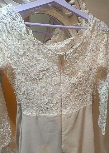 Dantel Detaylı Uzun Kollu Beyaz Abiye Elbise - Görsel 5