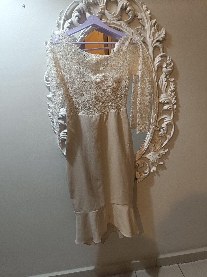 Dantel Detaylı Uzun Kollu Beyaz Abiye Elbise - Görsel 2