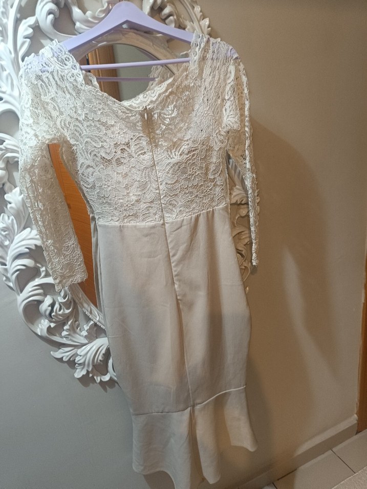 Dantel Detaylı Uzun Kollu Beyaz Abiye Elbise - Görsel 3