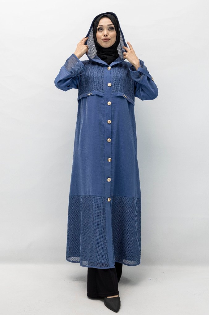 Orhan marka gold düğmeli Uzun Mavi renk Kadın kap/Pardösü - Görsel 4