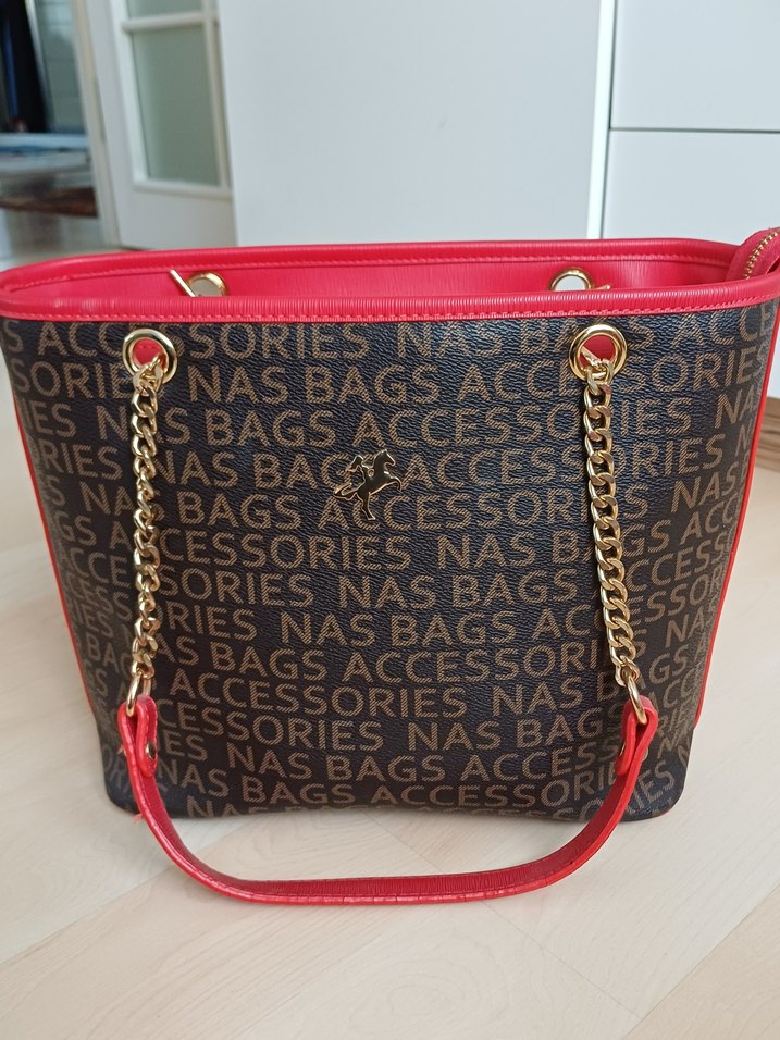 Zincir Detaylı Kırmızı kenarli kahverengi Çanta - Görsel 2