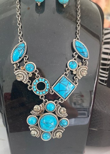 Accessorize Uzun Boncuklu Turkuaz Bohem Kolye ve Küpe Seti