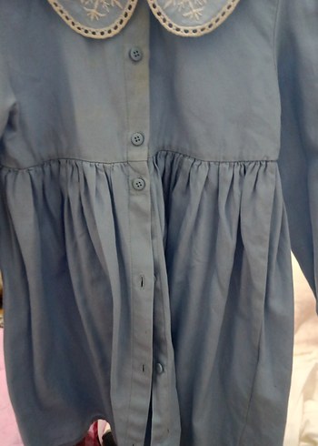 Düğmeli, Nakışlı Mavi kız çocuk elbise - Görsel 2