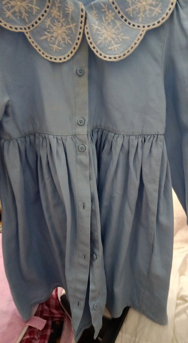 Düğmeli, Nakışlı Mavi kız çocuk elbise - Görsel 2