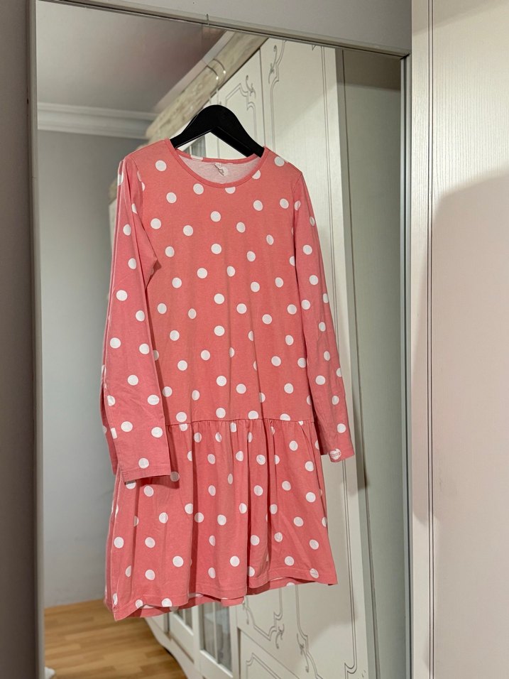 Puantiyeli Pembe Uzun Kollu Kız Elbisesi - Görsel 2