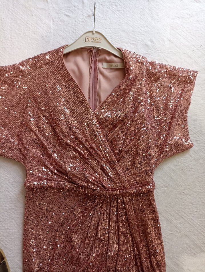 Pullu Pembe  Abiye Elbise - Görsel 4