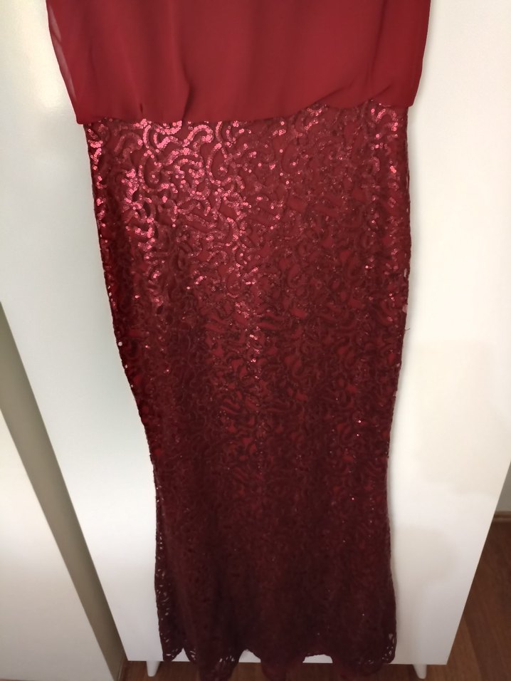 Bordo Uzun Abiye Elbise, Dökümlü, Kolsuz - Görsel 3