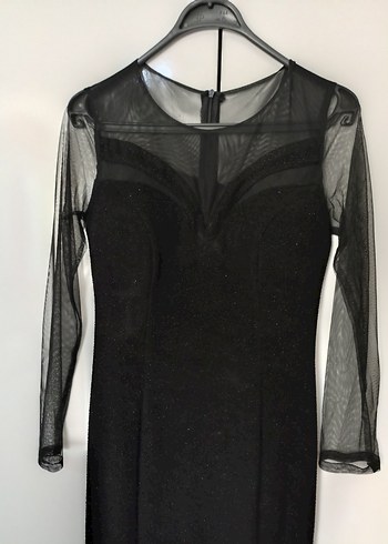 Uzun Kollu Siyah Abiye  Kadın Elbise - Görsel 2