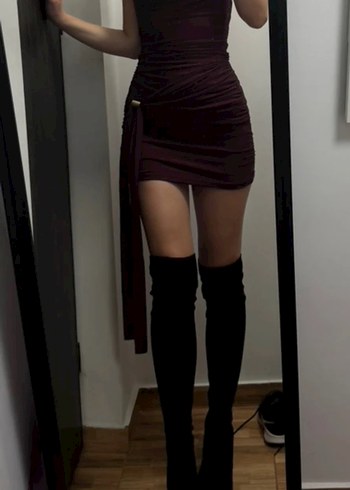 s Beden bordo Renk Bordo Drapeli Mini Elbise