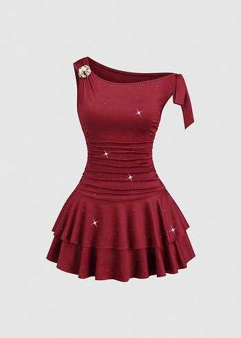 Bordo Parlak Mini Straplez Elbise
